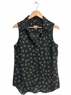 CAbi Black Sleeveless Floral Collared Pull-Over Blouse with Buttons